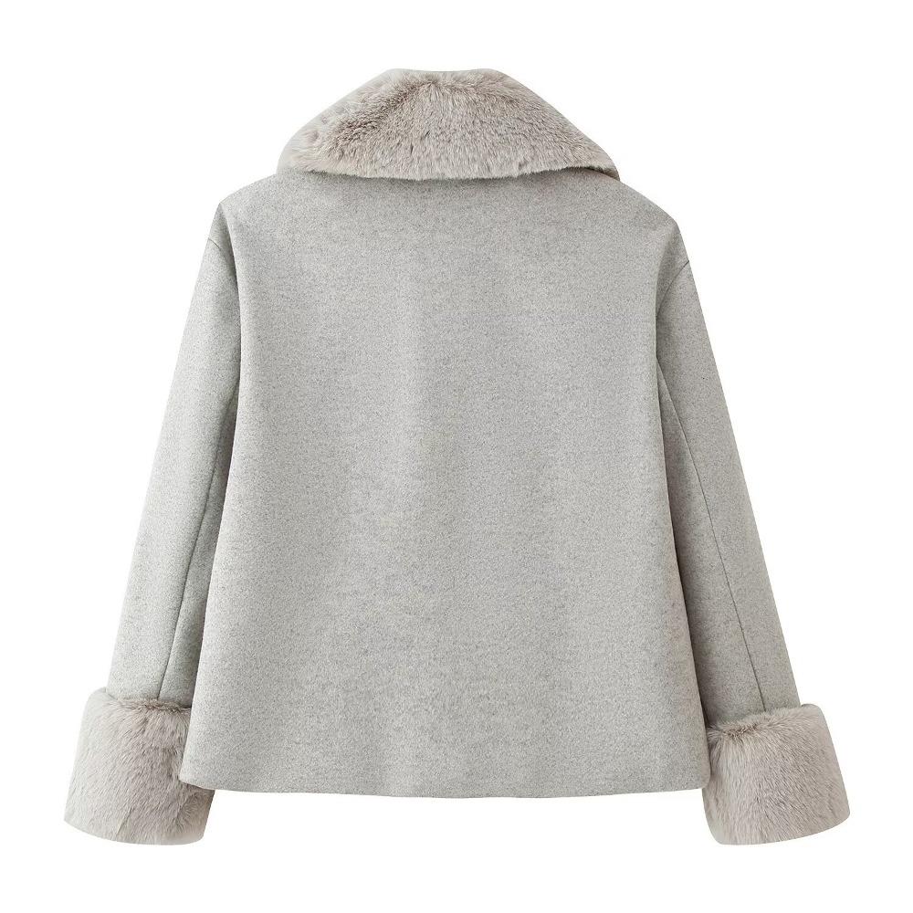 Women Short Wool Blend Coat Faux Fur Collar Cuffs Lapel Cropped Winter Outerwear