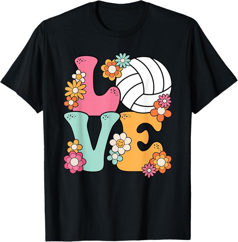 Volleyball Love Retro Flowers Graphic Tee Women Girls Casual Short Sleeve T-Shirt