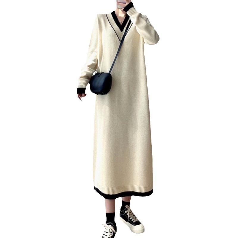 New long lazy v-neck loose knitted dress with coat and bottom sweater women's skirt