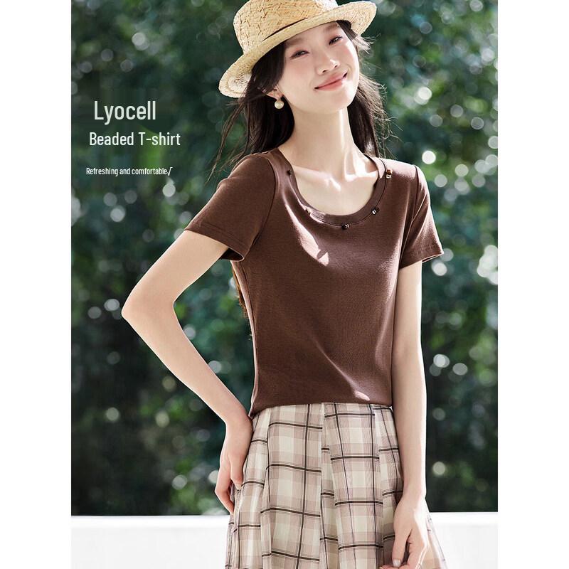 Mohan Yimei Women s Slim Fit Solid U-Neck Beaded Short Sleeve T-Shirt L