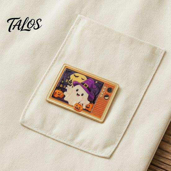 Holiday Costume Accessory Retro TV Brooch for Halloween, Pumpkin Ghost Black Cat Crow Halloween Party Badge, Lapel Pin Sweaters Jackets Scarves