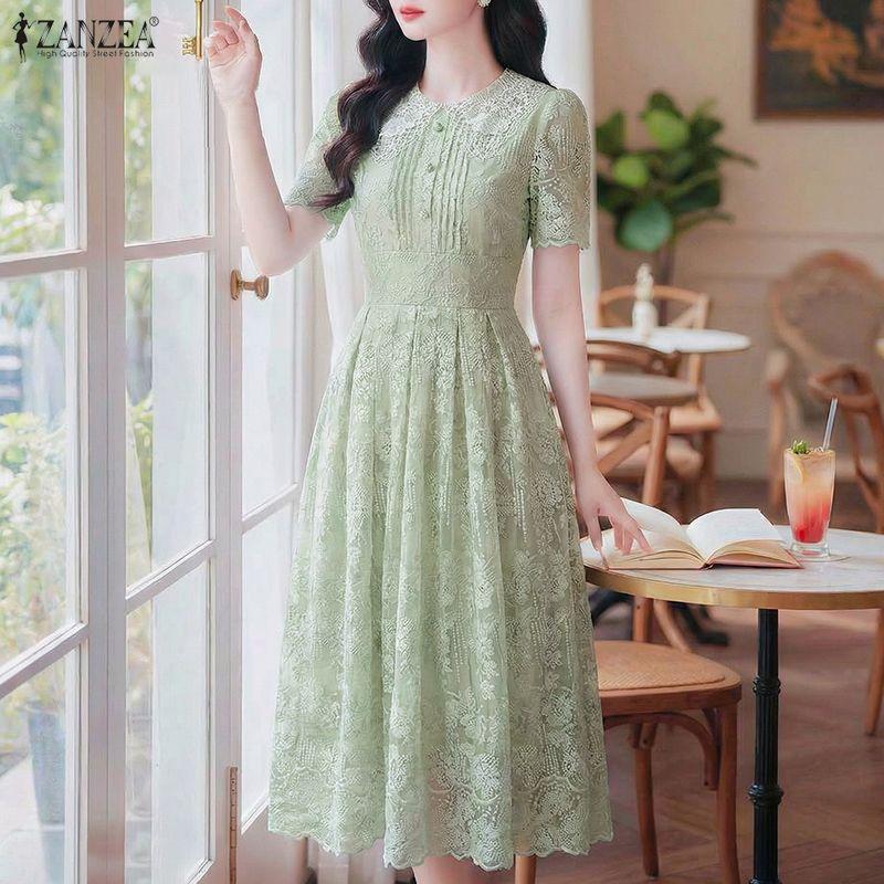ZANZEA Women Casual Round Neck Summer Lace Patchwork Short Sleeve Dress