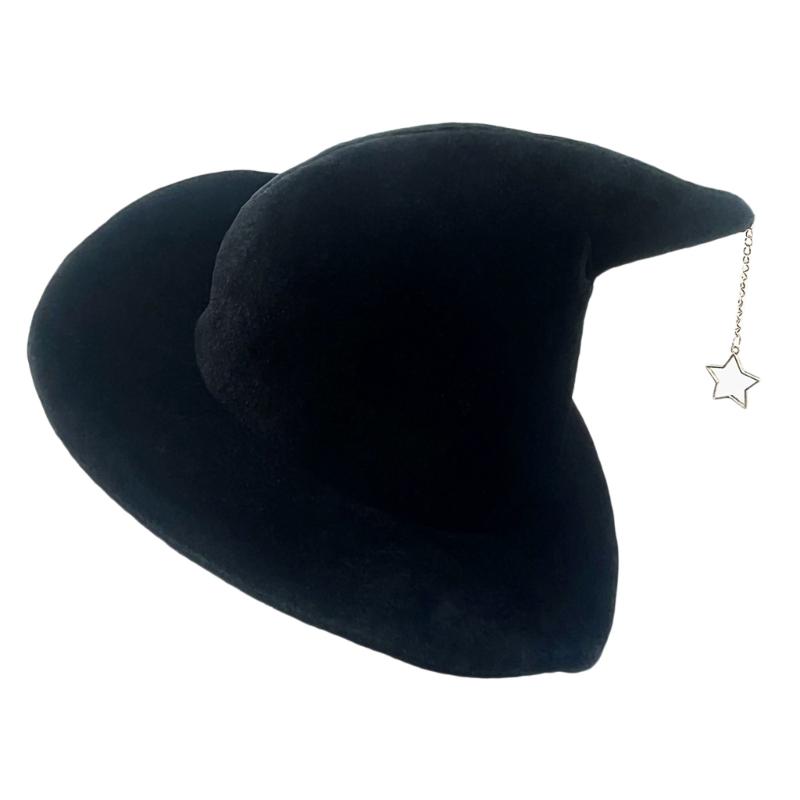 

Halloween Party Velvet Witch Hats Party Wide Brim Pointed Hat Accessory Tulle Witch Hat with Star Pendant чорний
