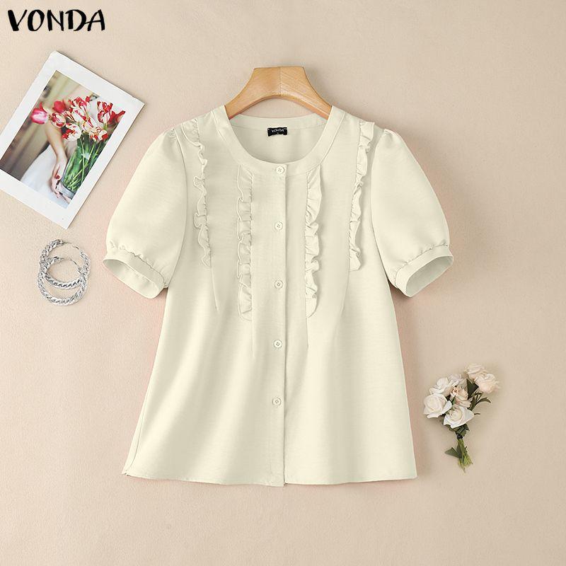 VONDA Women Casual O Neck Solid Color Summer Short Sleeve Blouse Tops
