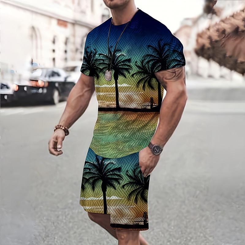 Stylish Men's Casual Suit Summer Breathable And Refreshing Suit Beach Style Printed 3D Coconut Oversized Men's Loose Top