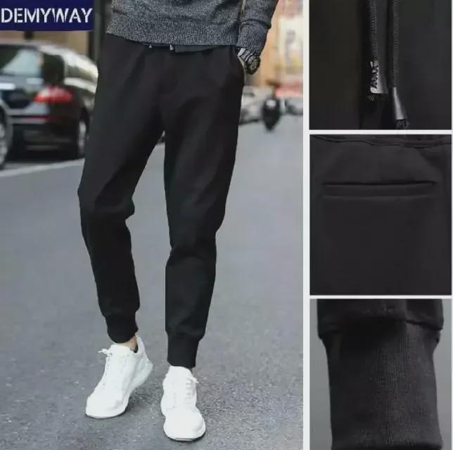 Men's Black Mid-Waist Striped Stretch Trousers with Velvet - Casual Autumn/Winter Loose Fit Jeans for Teens