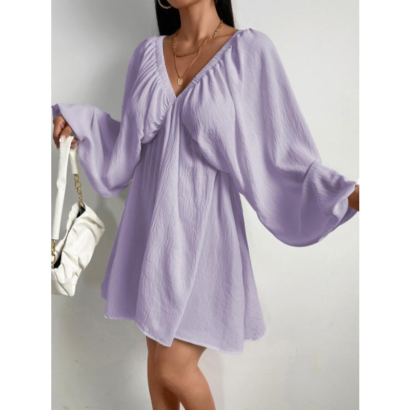 Elegant Fashion Deep V-neck Long Sleeved Women Dress Spring Summer Simple Casual Loose Sexy Solid Color A-line Party Dress Female Office Ladies