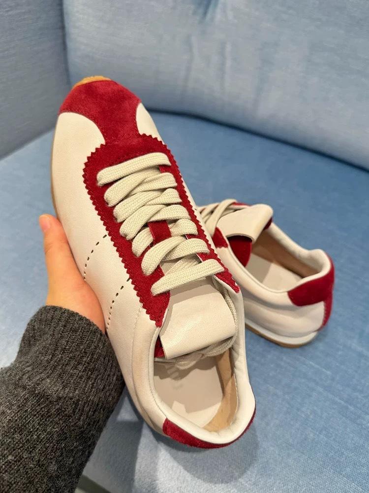 Cowhide Version~ Retro Color Matching Lace-up Round Head Flat Bottom Light Casual Sports Shoes German Training Shoes Women's Versatile Forrest Gump Sh