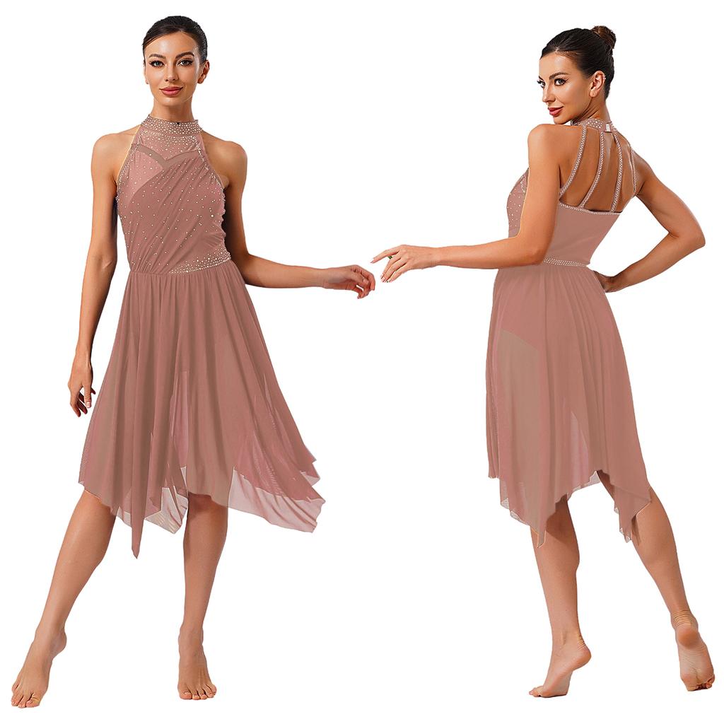 Premium Lyrical Dance Costume for Women S-XXL Halter Rhinestone Dress with Mesh Ruffled Skirt for Competition & Classes