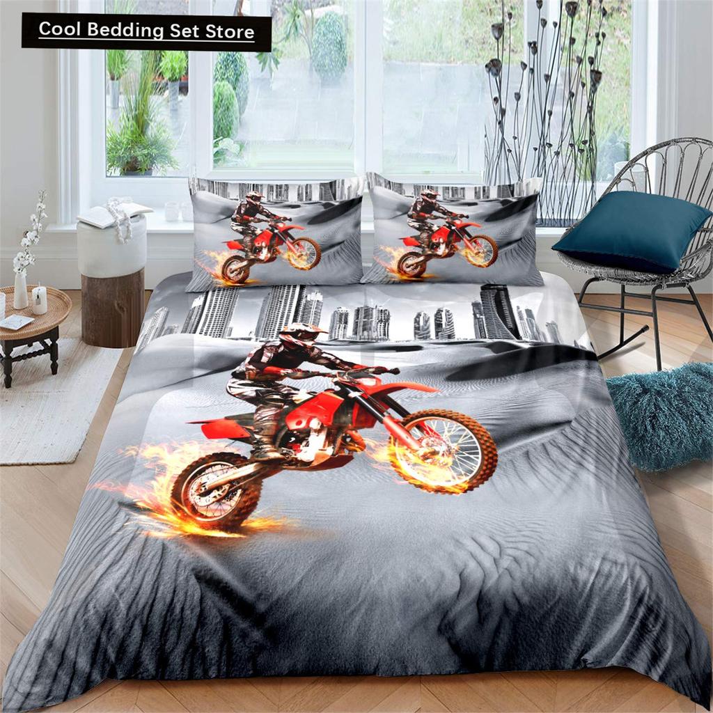 Dirt Bike King Queen Duvet Cover Motocross Sports Bedding Set Motorcycle Quilt Cover Youth Cool Black White Soft Comforter Cover