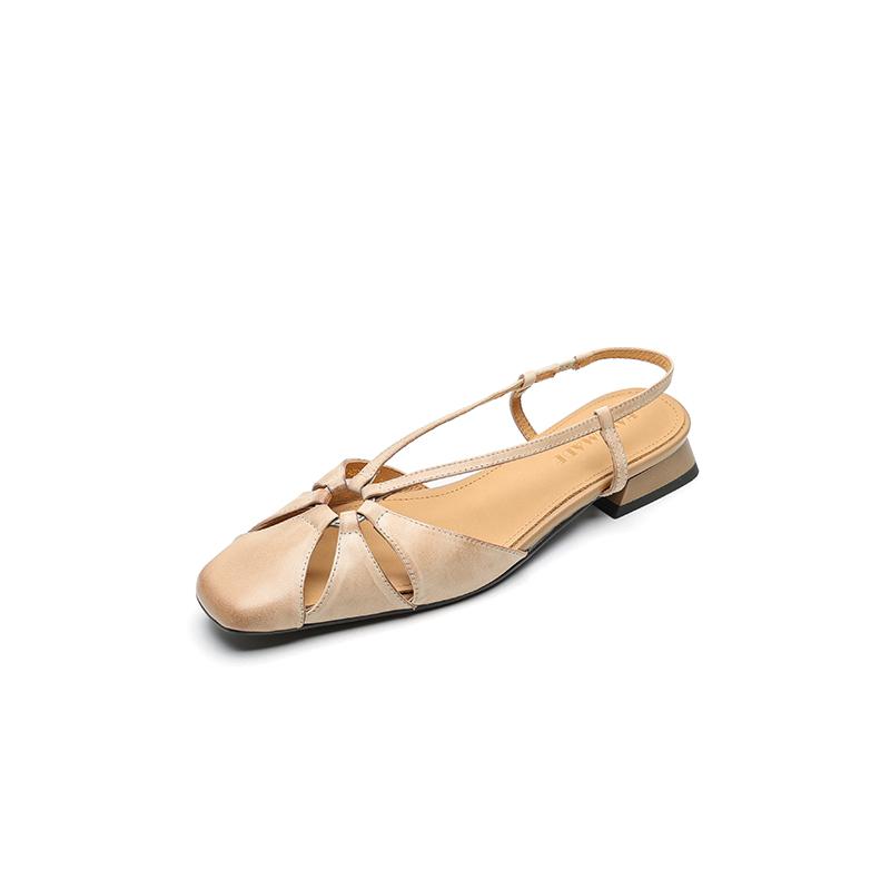 Fashion NEW Summer Women Sandals Genuine Leather Shoes for Women Round Toe Low Heel Shoes Cover Toe Slingback Shoes Narrow Band Sandals