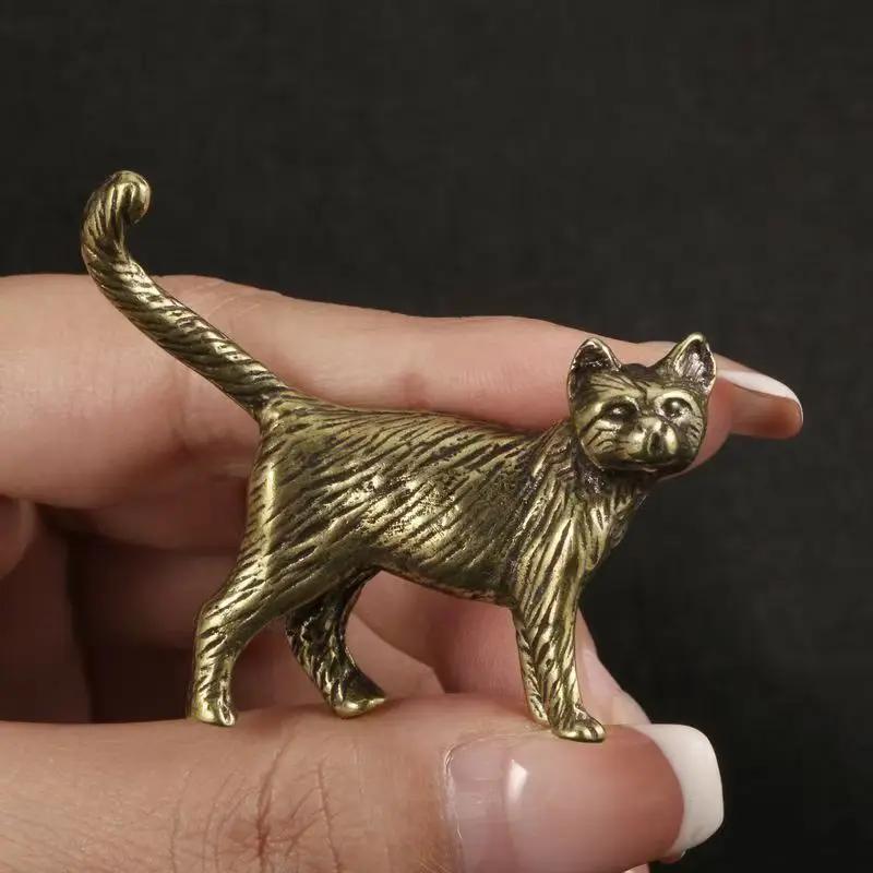 Retro Brass Little Cat Statue Creative Interesting Mini Long-Tailed Cat Tabletop Ornament Miniature Home Decor Tea Pet Crafts