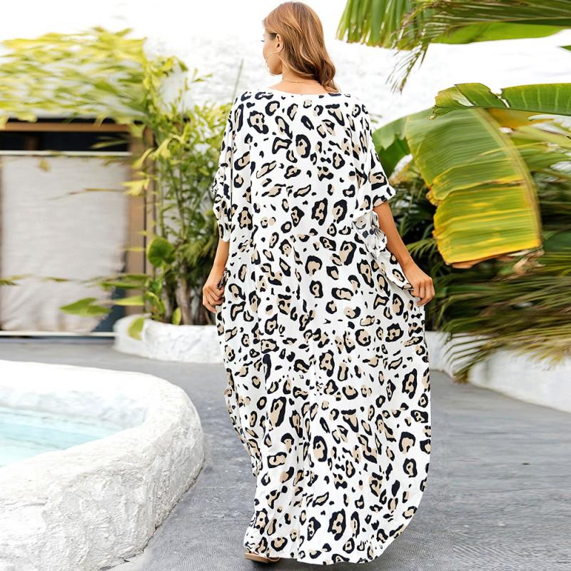 Leopard Print Quick-Dry Cover-Up Kaftan Robe With Belt Beach Vacation Swimwear Outer Layer Plus Size
