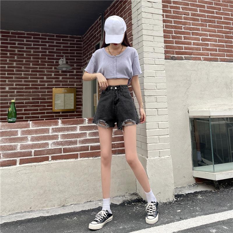 Classic and Minimalist Fashion Versatile Broken Holes Female Summer Thin High-waisted A-line Wide-legged Pants Denim Shorts Individuality Trendiness