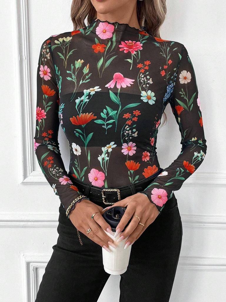 2025 Women's Sexy Leopard Print Mesh Trim Bodysuit Top