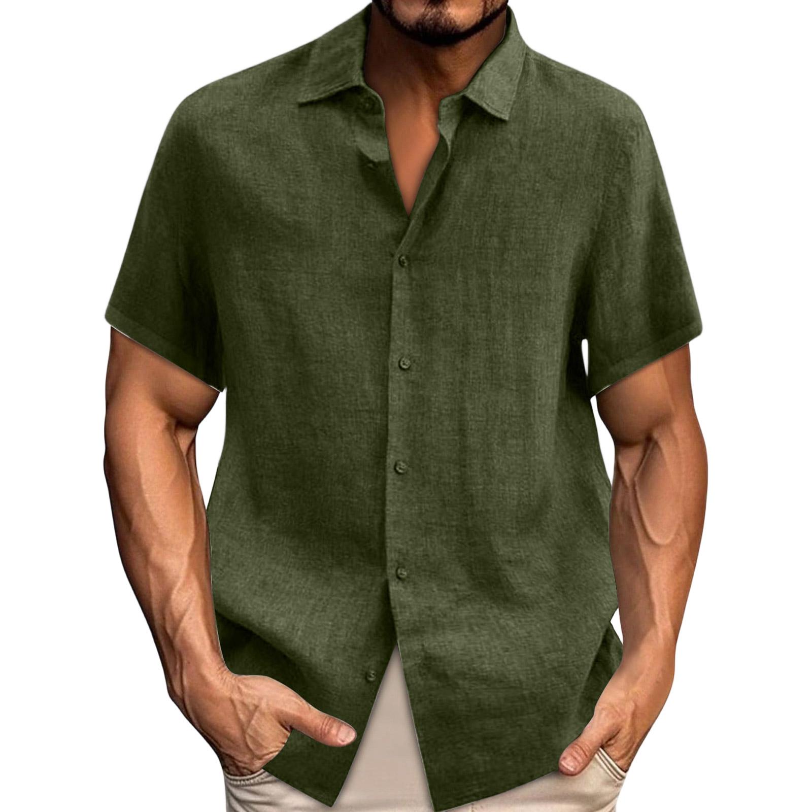 Spring Summer Men s Casual Cotton Linen Color Short Sleeve Shirts Loose Shirts L армия зеленый