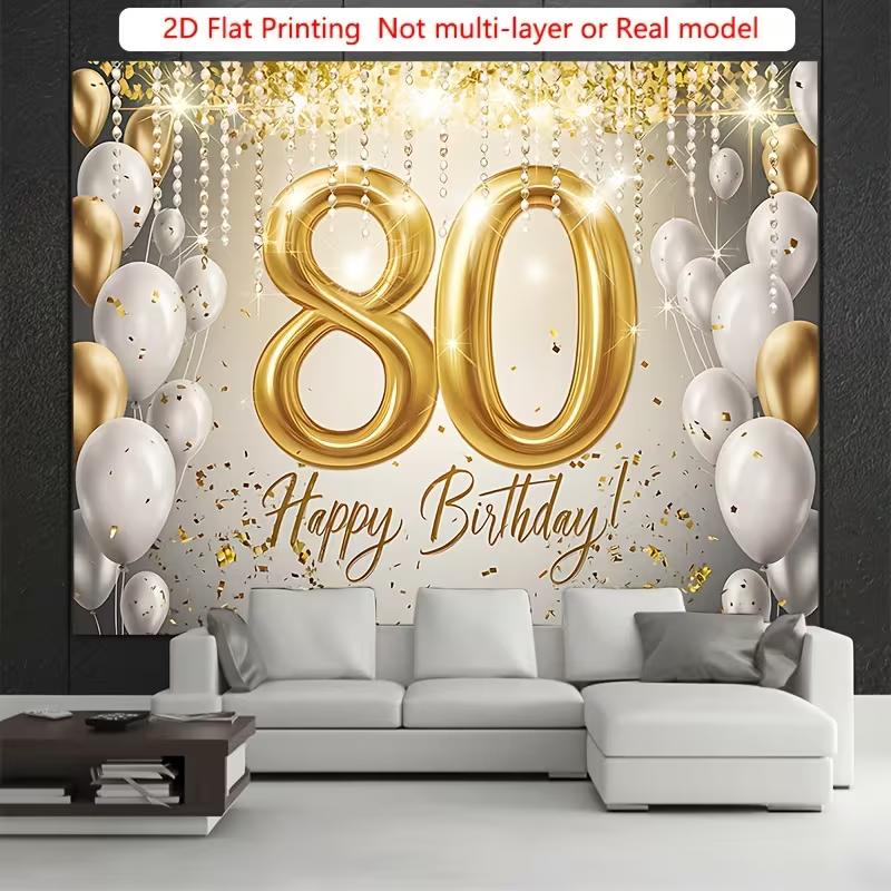 2D Happy 80th Birthday Backdrop Gold Confetti Diamond Photo Booth Banner