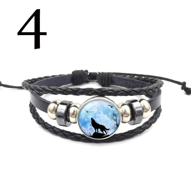 Black Leather Bracelet Wolf Head Glass Metal Buckle Punk Jewelry Weave Multilayer Bracelet Charm Wo