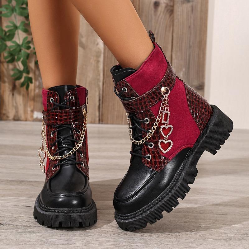 

Ботильоны на блочном каблуке с боковой молнией, круглым носком, вставками, шнуровкой, металлической цепочкой, мягкой подошвой, противоскользящие, большого размера, женская обувь 36 вино красного