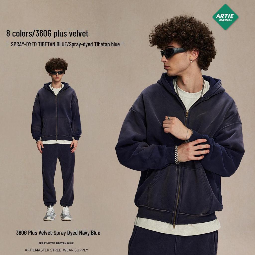 ARTIE Herren 2024 Winter Unisex Dick Sprühgefärbt Doppelreißverschluss Sweatshirt Hoodies