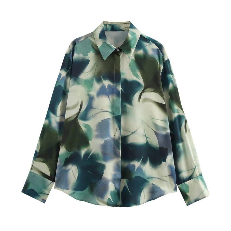 

Kaslead New Arrival Women s Fashion Style Print Silk Satin Texture Lapel Casual Long Sleeves Shirt 2329118 Color L
