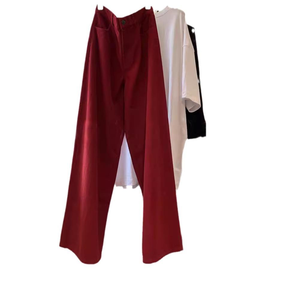 Chic Red Angora Ribbed Wide-Leg Pants with Superior Fabric