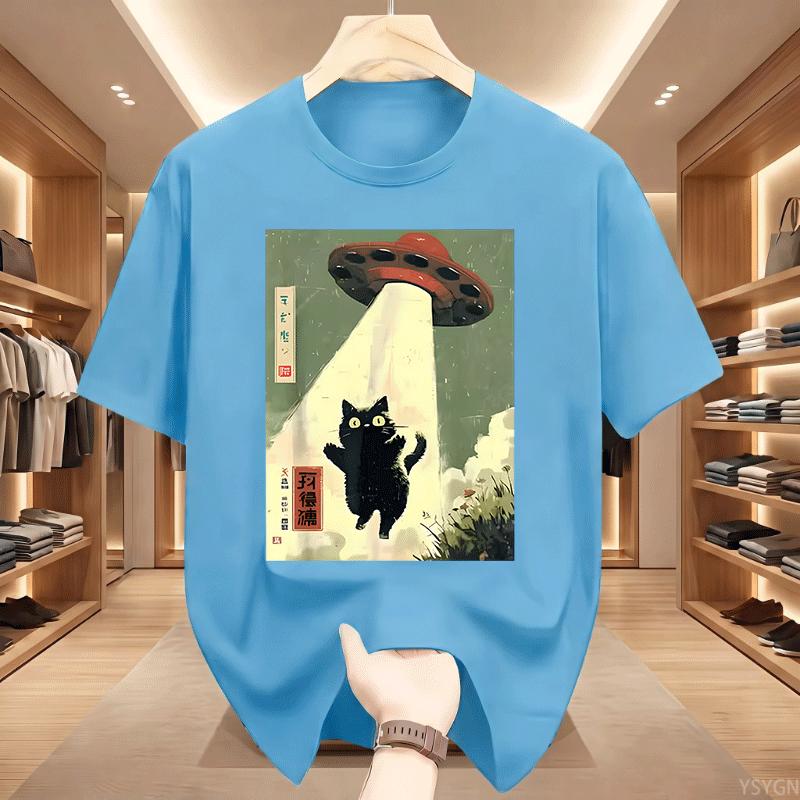 Black Cat Ufo Graphic Tshirts Japanese Cat Alien Graphic Tee Unisex Unisex Cotton Short Sleeve Printed Tshirts Streetwear Tops