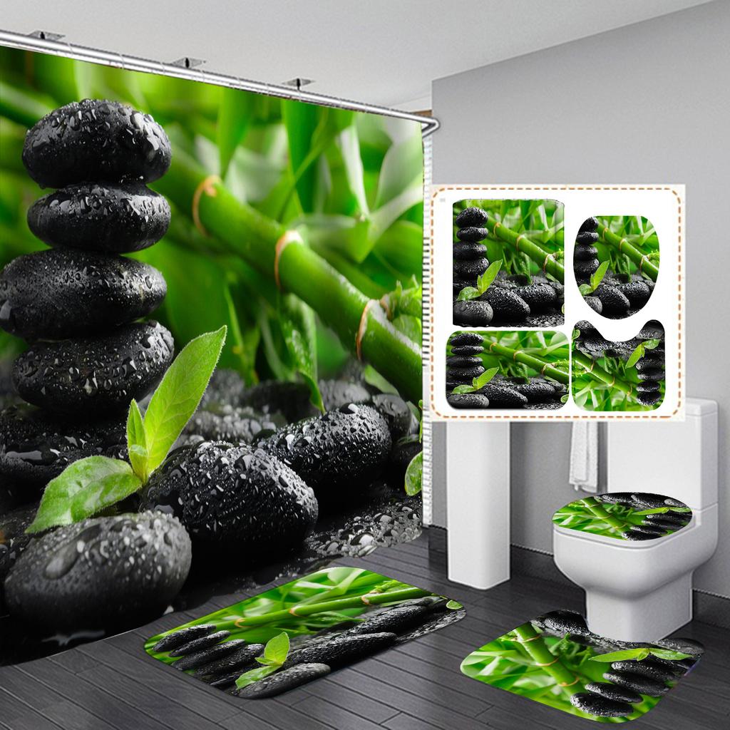 4ks Zen Green Bamboo Buddha Series Súpravy sprchových závesov do kúpeľne Protišmykové kúpeľňové koberčeky Veko WC kryt Podložka pod vaňu