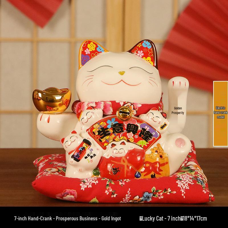 Electric Waving Lucky Cat Ceramic Ornament for Home, Living Room, Shop, or Cashier Desk.