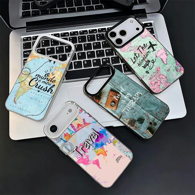 Travel Map Artistic Pattern Shockproof Phone Case for iPhone 17 Air 16 16E 15 Pro Max 14 Plus 13 Mini 12 Back Cover Anti Fall Fu