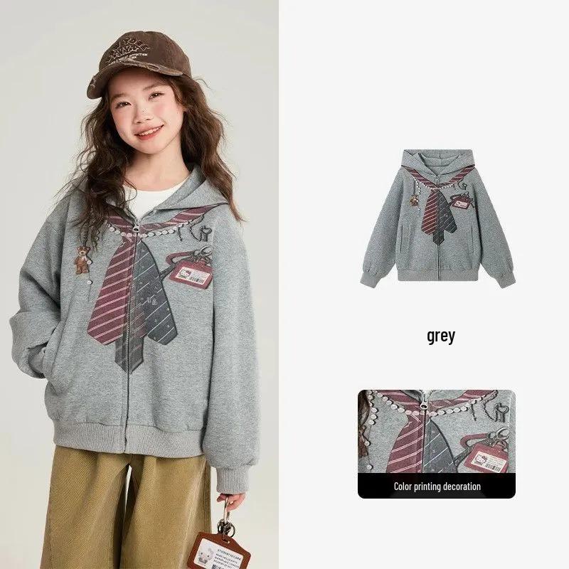 Girls  Chic Hooded Zip-Up Sweatshirt Cardigan - Versatile Spring Fashion Jacket 160 cm