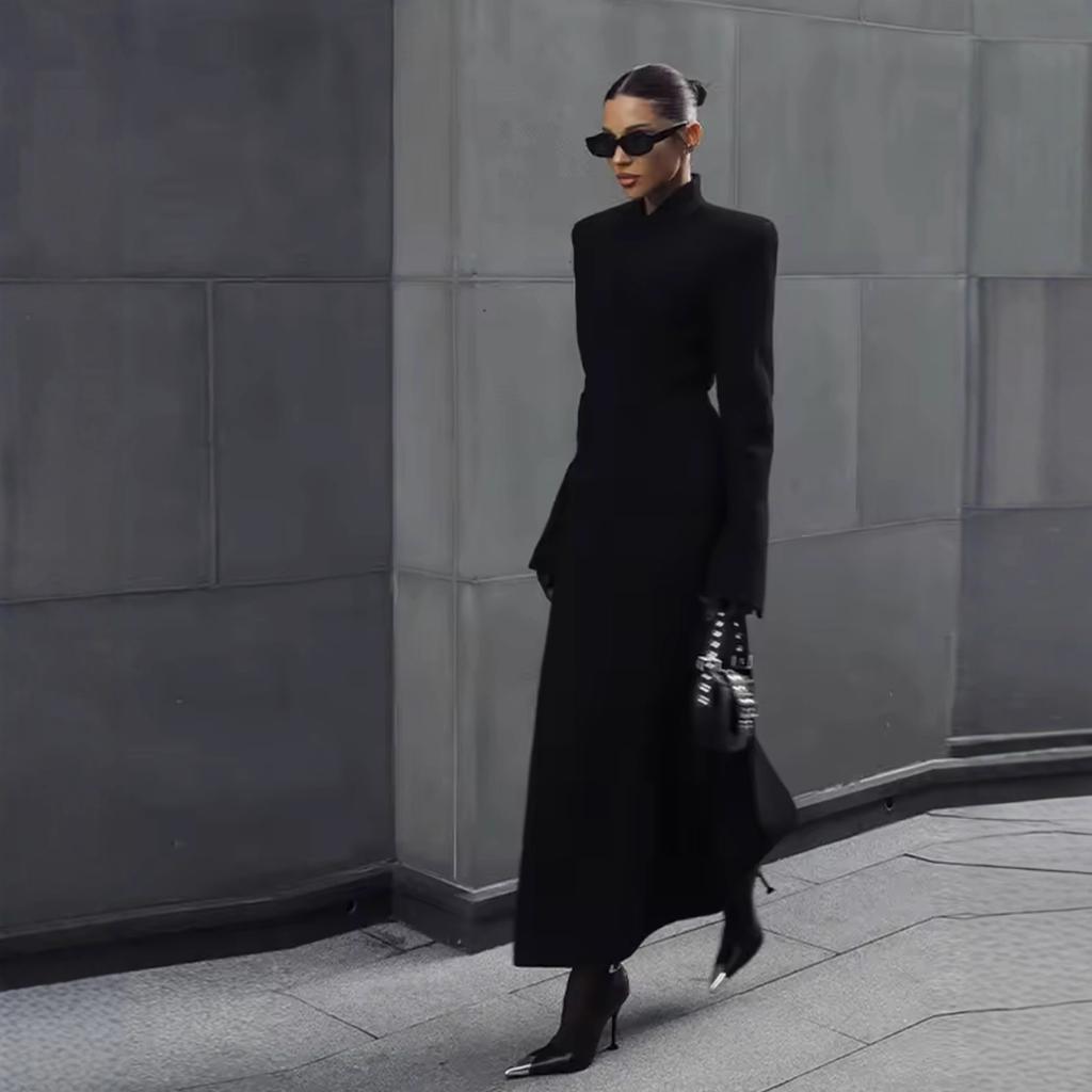 European and American Women's Clothing INS Popular Black Long Elegant Waist and Thin Temperament High-end Jacket