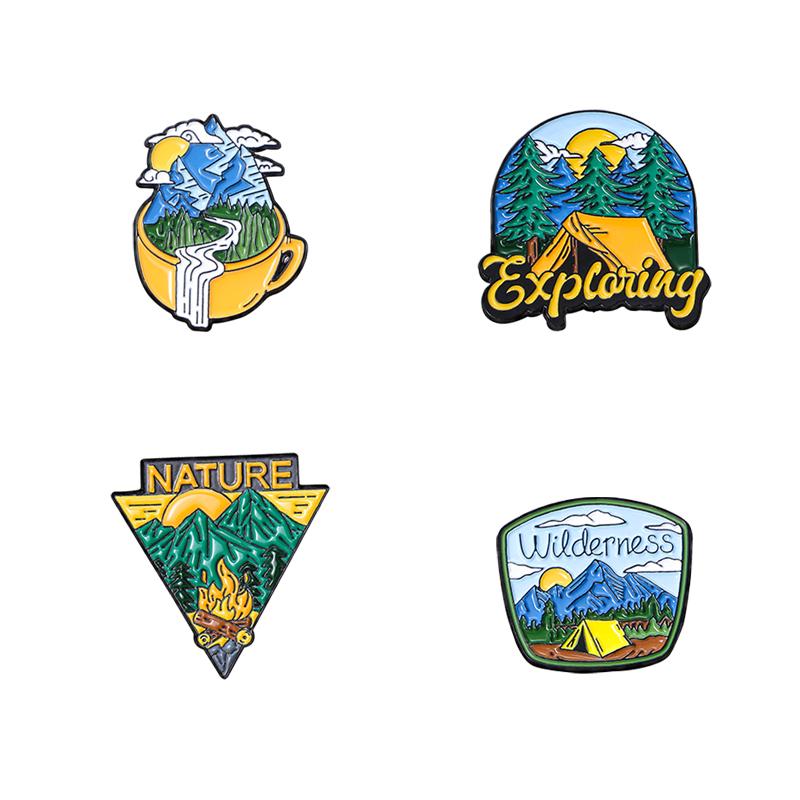 4 Styles Funny Valley Camping Series Enamel Brooches Exploring Wildness Nature Tent Lapel Pins Outdoors Badge