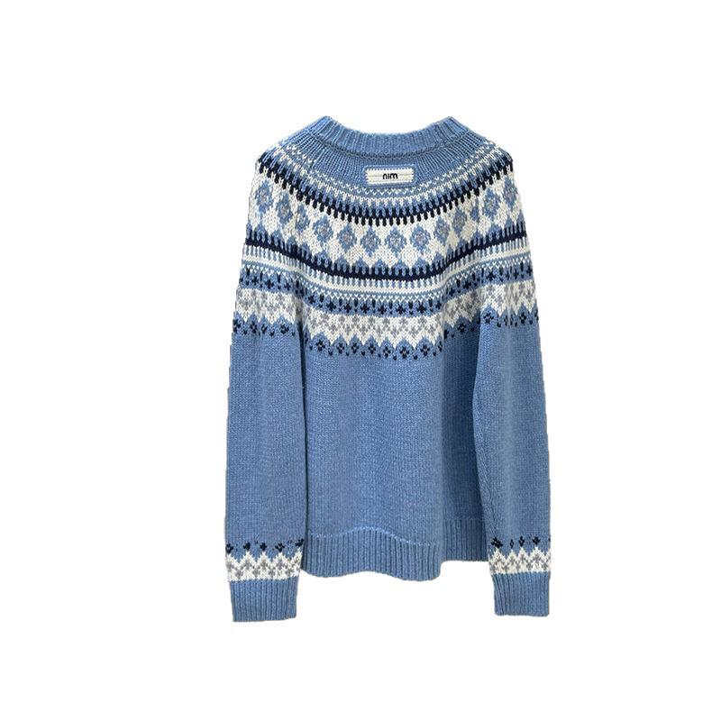Nanyou 2026 Women's Blue Fair Isle Snowflake Logo Long Sleeve Slimming Pullover Sweater
