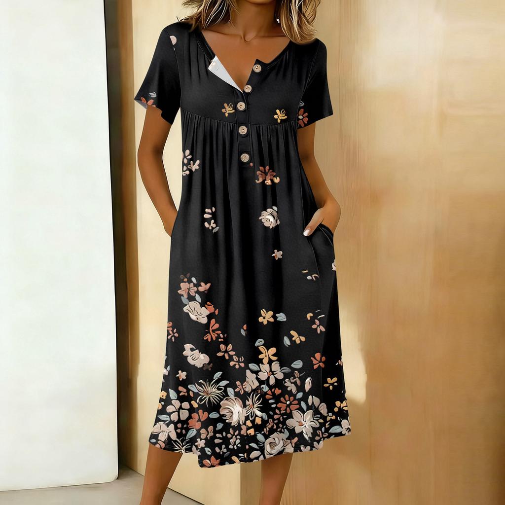 Women's Fashionable Retro Printed Round Neck Short Sleeved Button Neck Mid Length Casual Dress