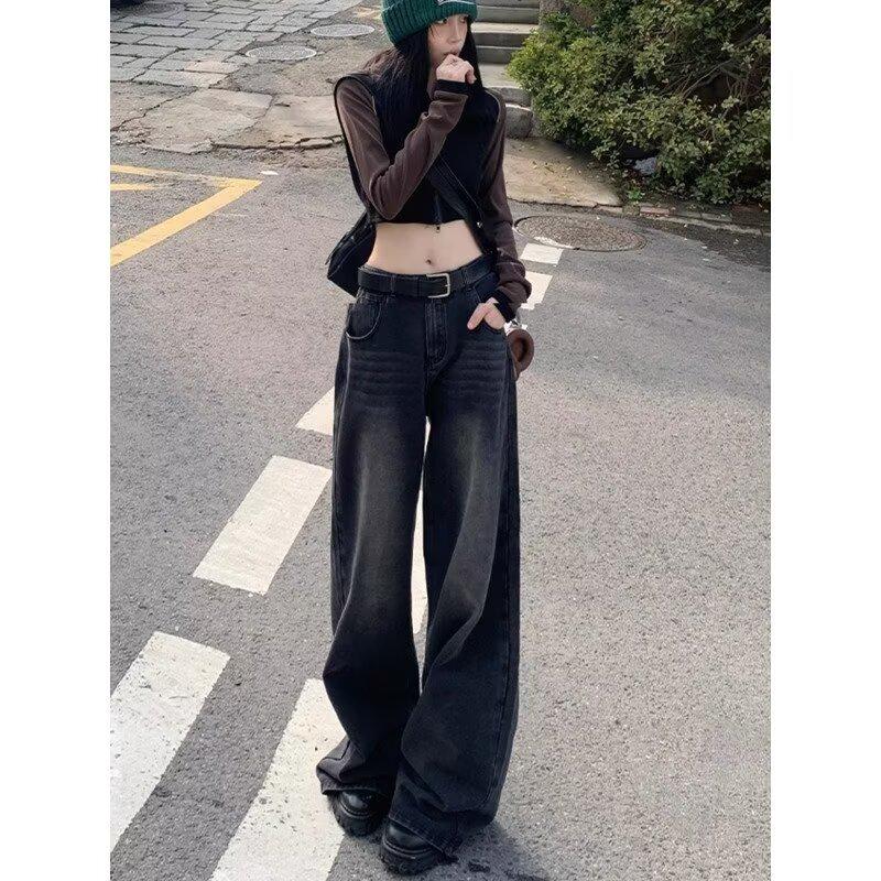 

Женские черно-серые джинсы с высокой посадкой и широкими штанинами - Коллекция Осень 2024 M чёрный/серый