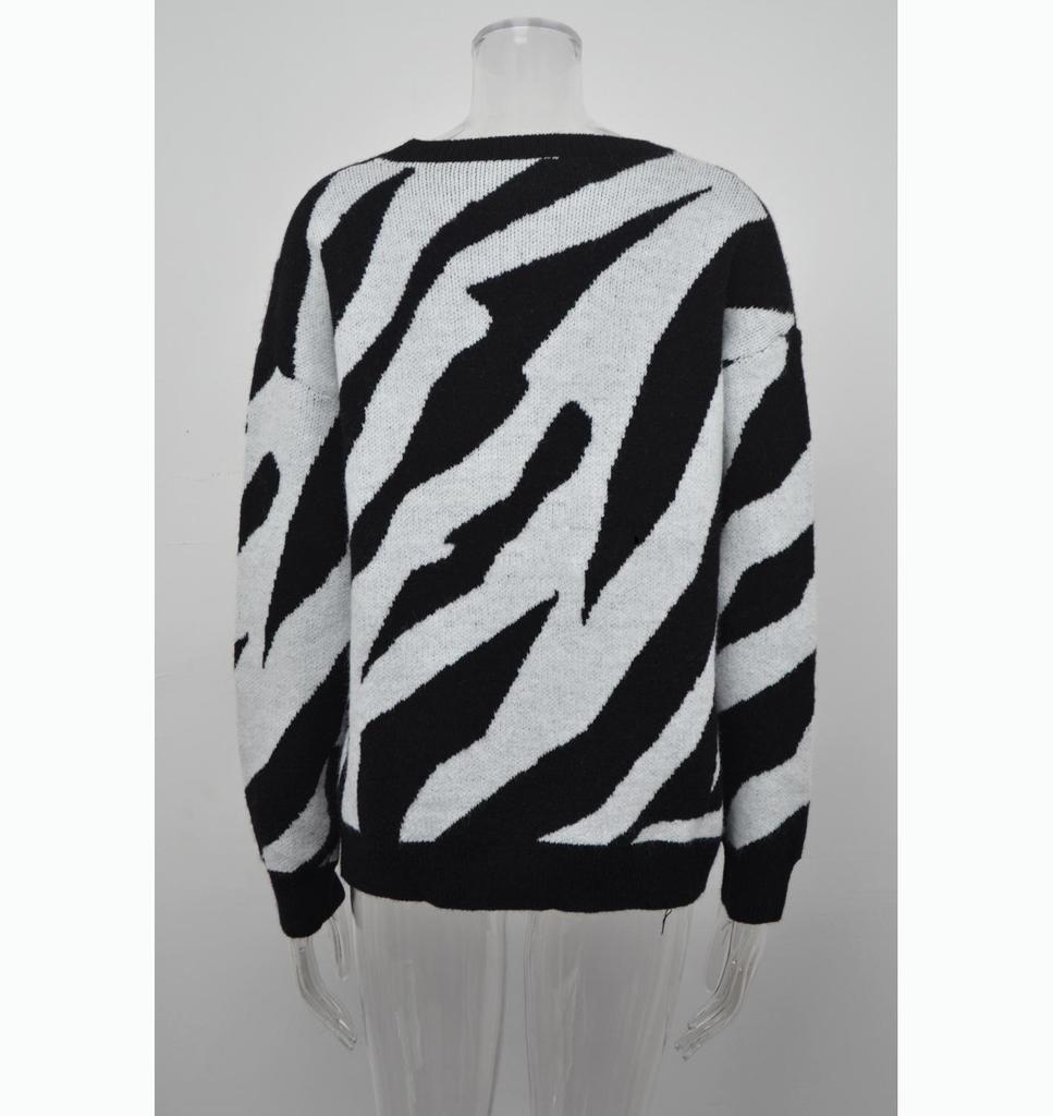 Pruhovaný Osobnostní Módní Pletený Pulovr Svetr Velká Velikost Dámský Pletený Svetr s Kulatým Výstřihem