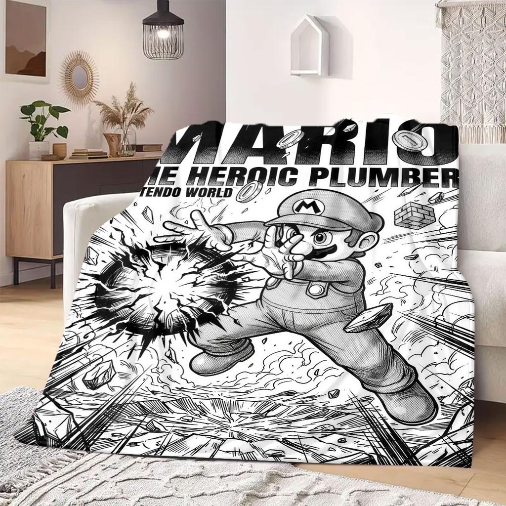 Super Mario Awesome 2D Print Flannel Blanket, Cartoon Style for Bedroom, Soft Bedding for Travel Throw_LIAN