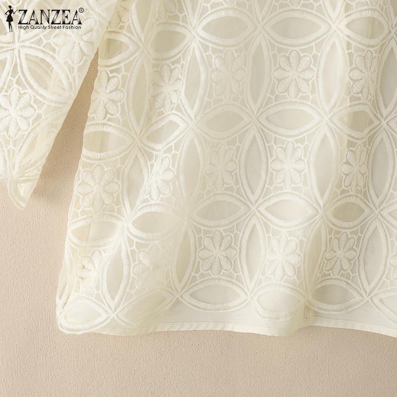ZANZEA Women Casual Round Neck 3/4 Sleeve Loose Patchwork Lace Blouse