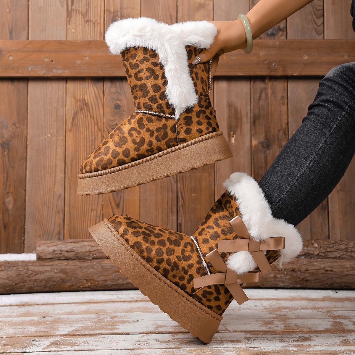 

New bow snow boots 2025 foreign trade large size casual cotton shoes thick sole velvet thickened thermal cotton boots 43 леопард друку кольору