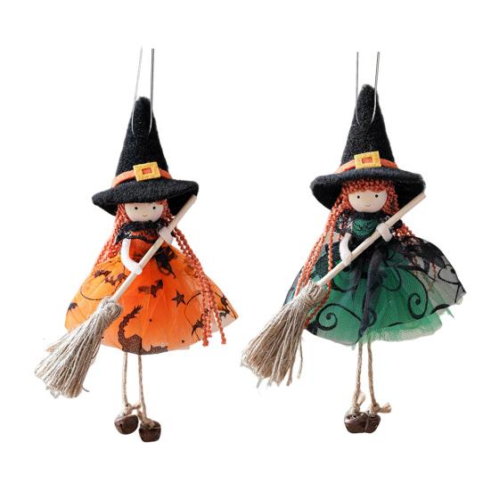 Halloween Witch Doll Decor with Broom Small Witch Figurine with Gauze Skirt Kitchen Hanging Witch Ornament for Room Door Window Halloween Decor