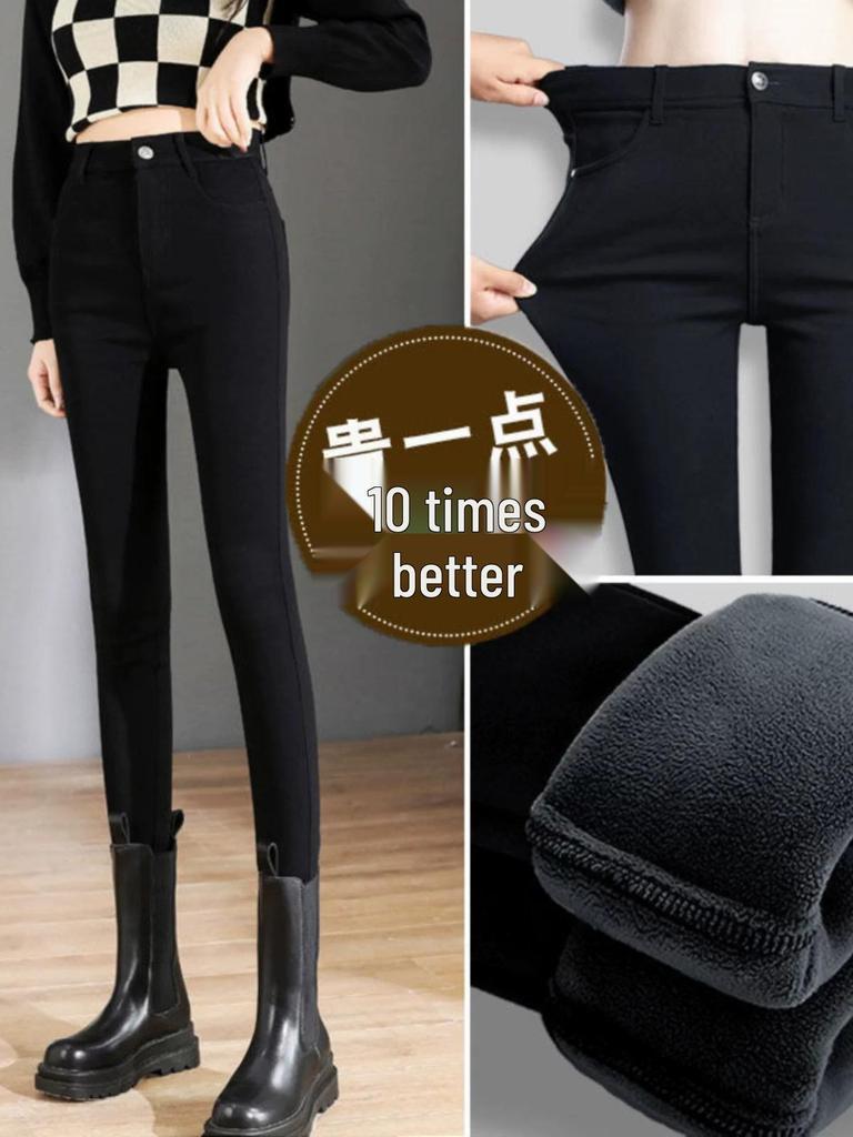 New 2025 Plus Size Women's Fleece-Lined High Waist Black Leggings - Thickened, Skinny Fit for Autumn and Winter