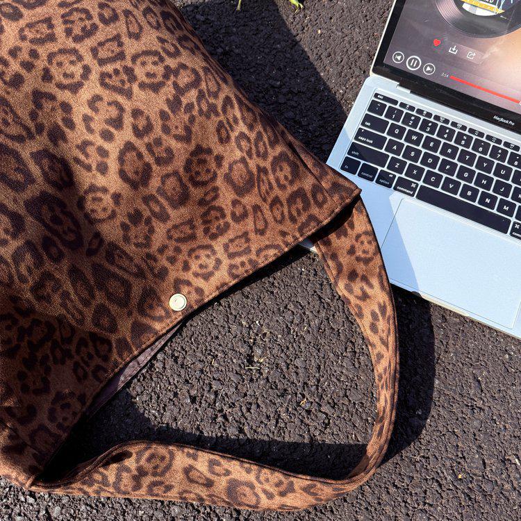 Korean Leopard Print Canvas Tote Bag - Autumn/Winter Casual, Large Capacity, Lazy Style Shoulder Bag