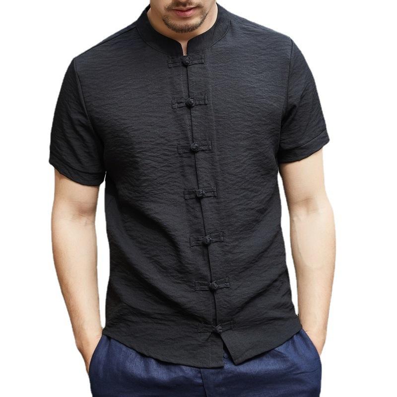 Summer Thin Pure Color Men's Shirt Collar Button Up Short Sleeve Slim Fit Casual Cotton Blend Menswear Traditional Chinese Style