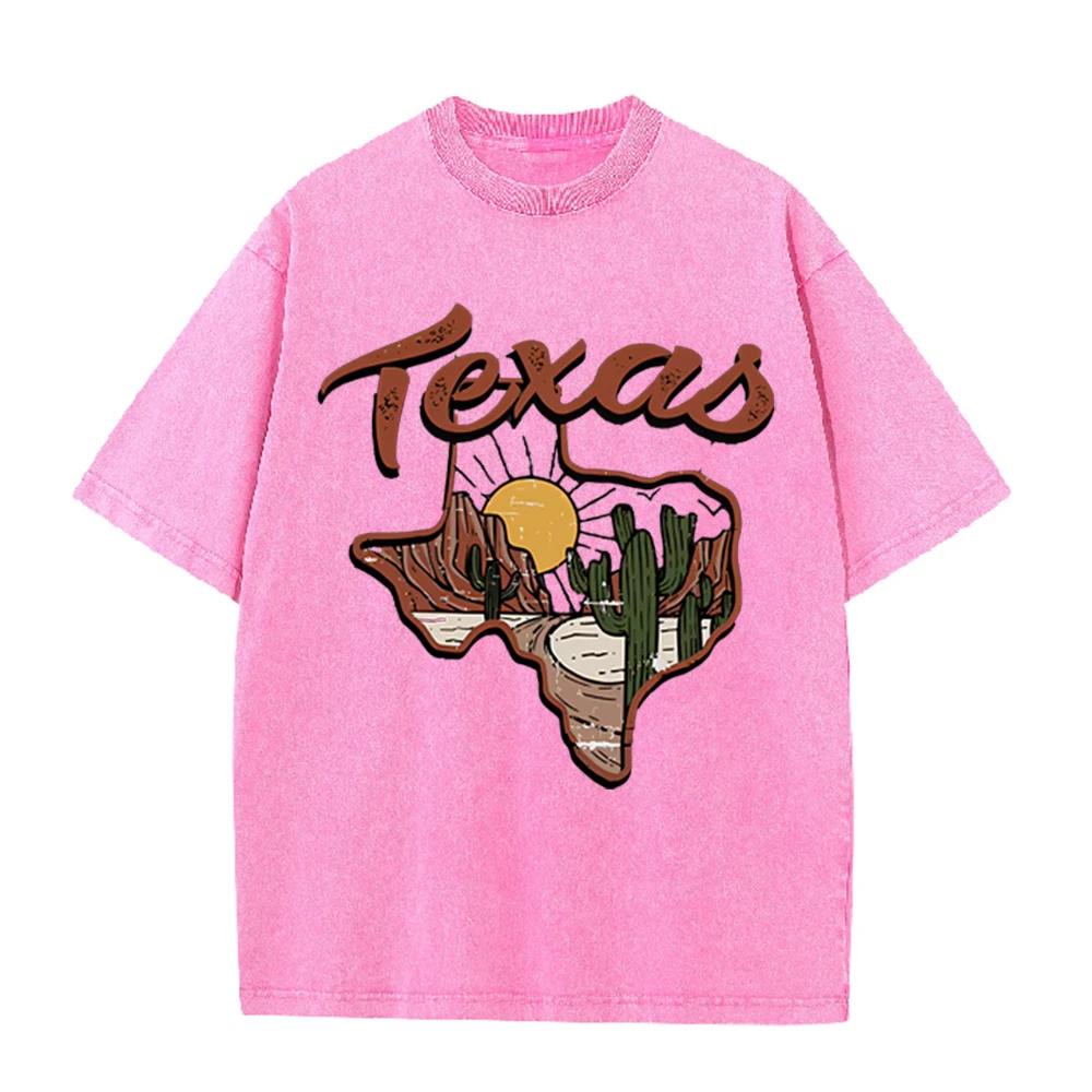 2026 Vintage Texas Desert Cactus Sunset Graphic Beige Washed T Shirt Western Country Travel Casual Oversized Unisex Short Sleeve