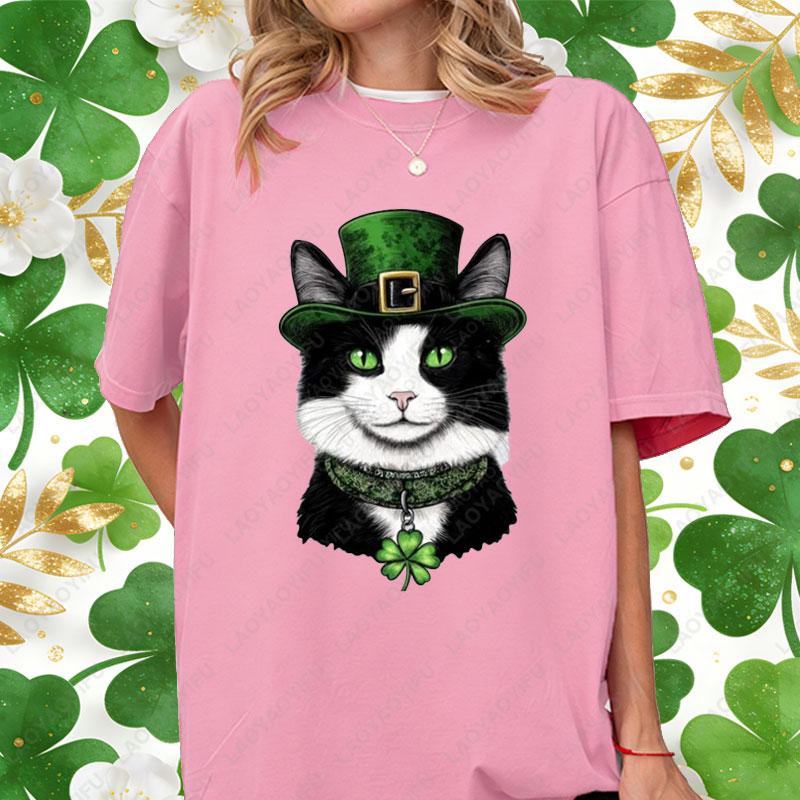 St Patricks Day Casual Unisex Cotton Shirts Lucky Clover Cute Tuxedo Cats Oneck Printed Tops Irish Women Ropa Mujer Cat Lover