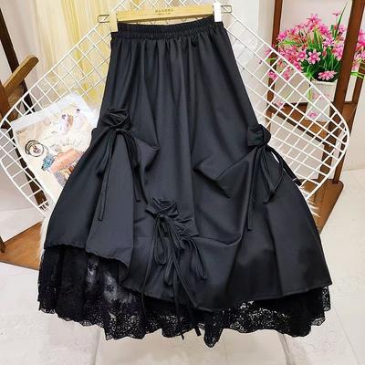 Dames Doffe Zwarte Lange Jurk Hoge Taille Strik Gesplitst Kant A-lijn Middellange Rok Damesmode