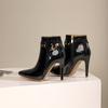 Plus Size Dark Green Metal Rivets Decorated Women's Ankle Boots Patent Leather Belt Buckle Super Stiletto Pointed Toe Shoes