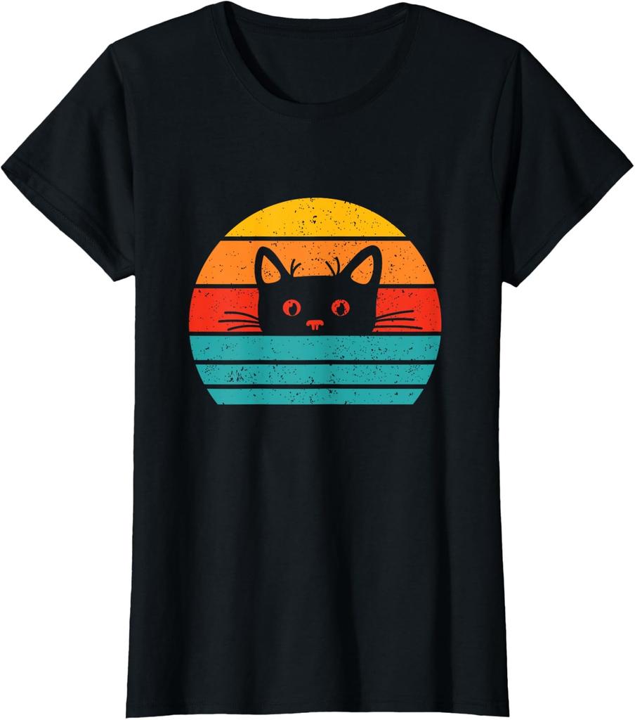 Funny Cat Retro Vintage Sunrise Design Cool Ladies' Crewneck T-Shirt