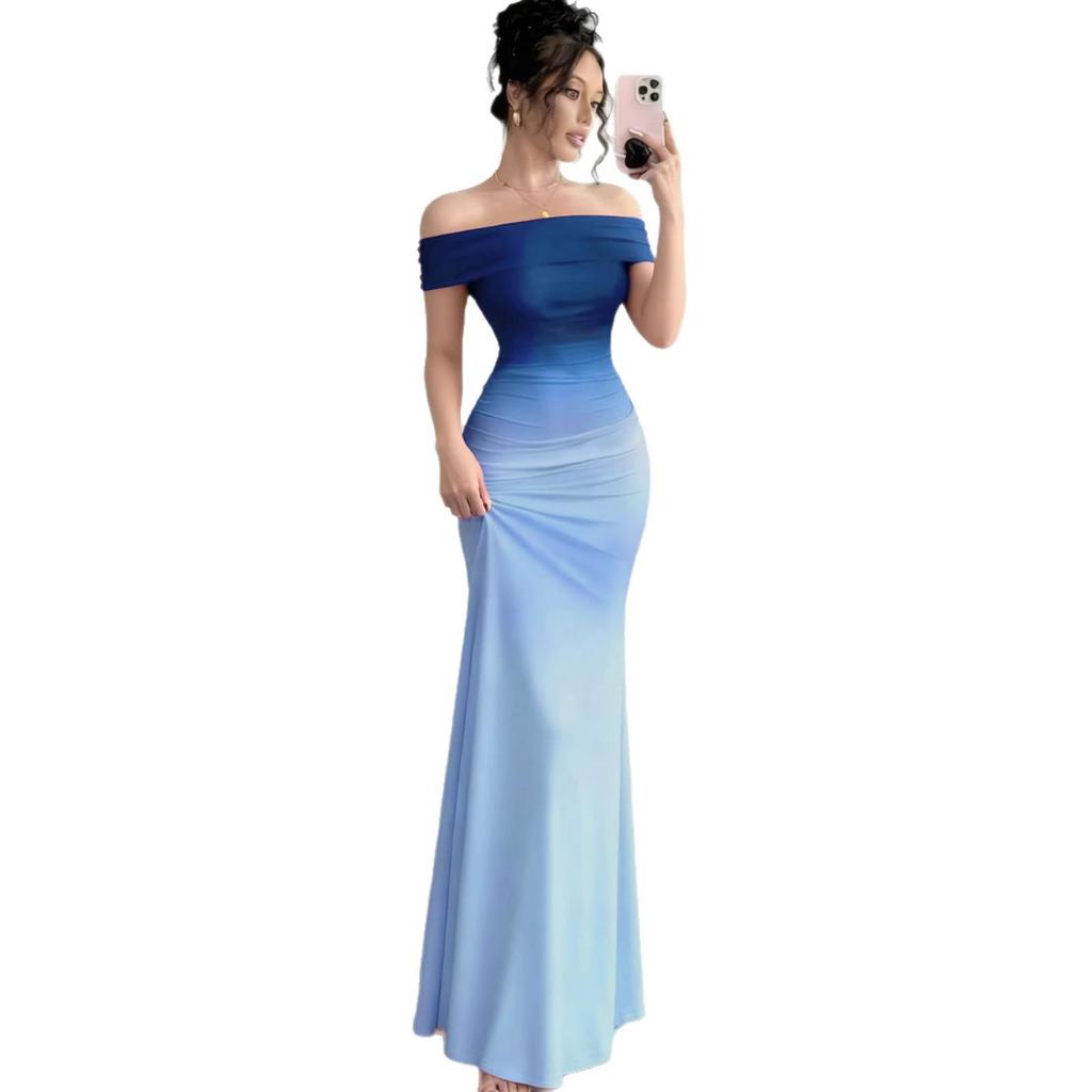 European-American Gradient One-Shoulder Bodycon Maxi Dress